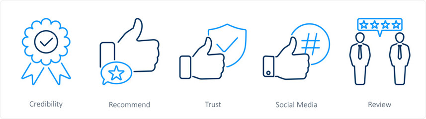 A set of 5 Influencer icons as credibility, recomment, trust