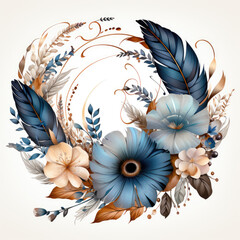watercolor feather flowers clipart, Generative Ai