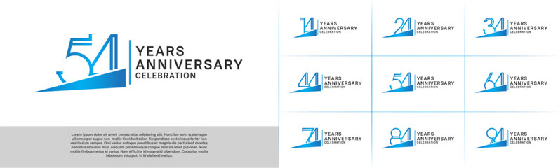 set of anniversary logotype blue color with blue ribbon for special celebration event