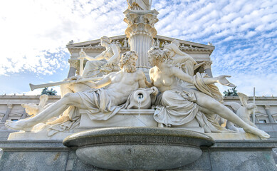 The Austrian Parliament Building and the Pallas Athena Fountain in Vienna, Austria