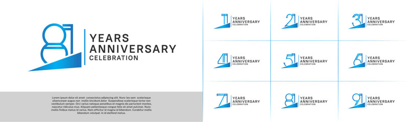 set of anniversary logotype blue color with blue ribbon for special celebration event - obrazy, fototapety, plakaty