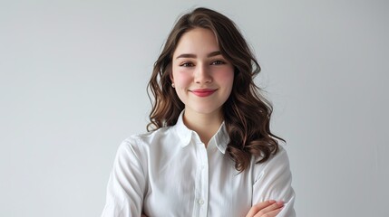 Cheerful brunette business woman student in white button up shirt