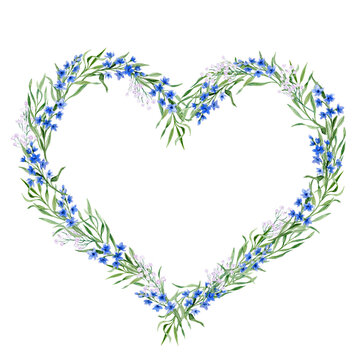 Aquarelle heart-shaped vignette of little blue flowers