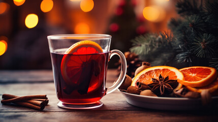 Hot spicy Christmas gluhwein, or mulled red wine with sugar and spices, served with cookies on rustic wood with a twinkling bokeh of party lights in background - Powered by Adobe
