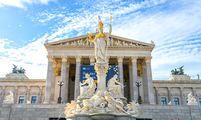 The Austrian Parliament Building and the Pallas Athena Fountain in Vienna, Austria