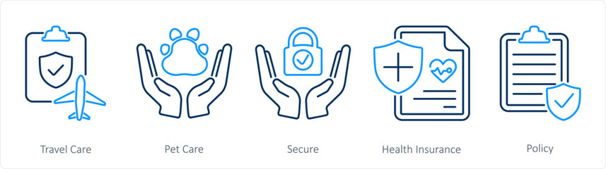 A set of 5 Insurance icons as travel care, pet care, secure