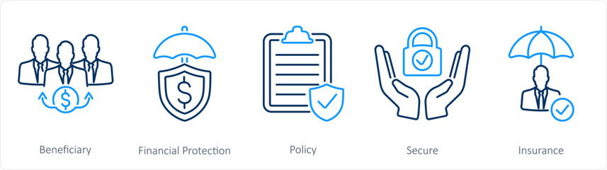 A set of 5 Insurance icons as beneficiary, financial protection, policy