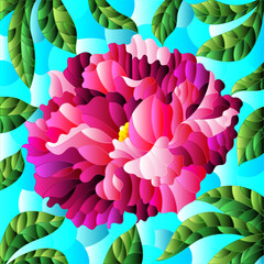 Illustration in stained glass style with a bright pink peony flower on a blue background, square image