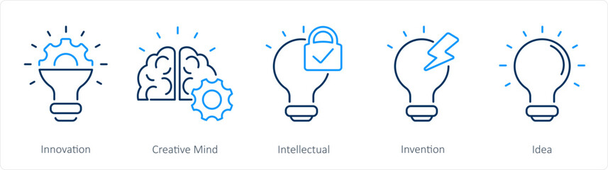 A set of 5 Intellectual Property icons as innovation, creative mind, intellectual