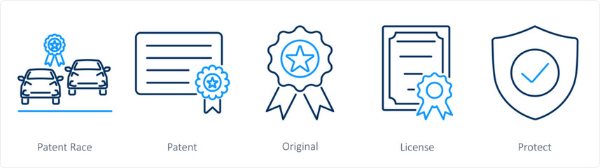 A set of 5 Intellectual Property icons as patent race, patent, original