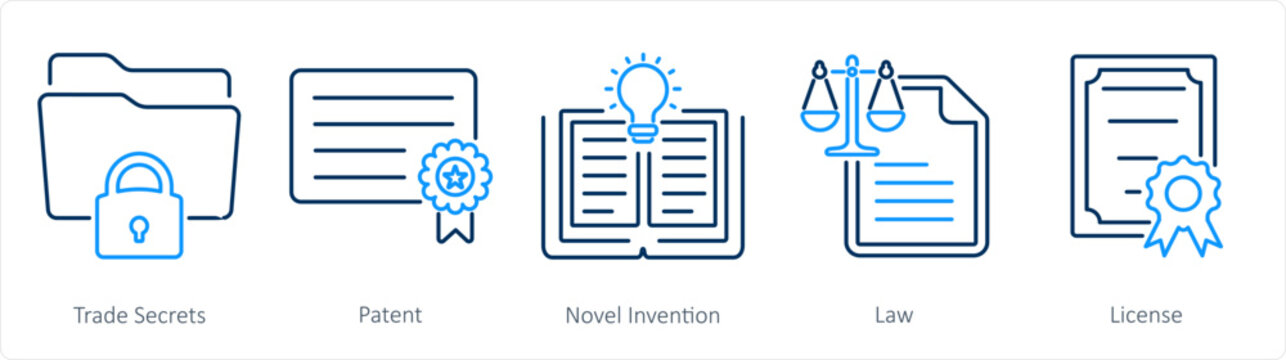 A set of 5 Intellectual Property icons as trade secrets, patent, novel invention