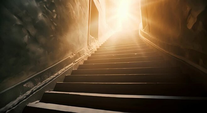 A staircase leading upwards towards bright light, walls covered with dust. The concept of hope and rebirth.