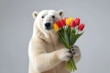 Foto auf Acrylglas polar bear iwith a bouquet of tulips on a minimalistic background © Ocharonata