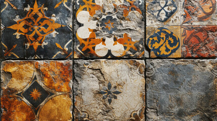 An array of weathered, decorative tiles with various geometric patterns in orange, blue, and cream tones