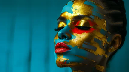 Fotobehang Portrait de femme en gros plan avec le visage peint en bleu, or et rouge © Concept Photo Studio