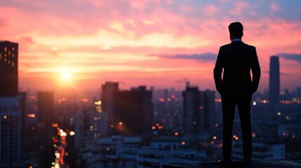 Confident businessman standing on the building rooftop while looking at the silhouette of cityscape