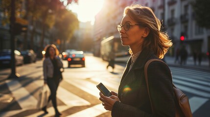 Confident businesswoman using smartphone while crossing street in city 