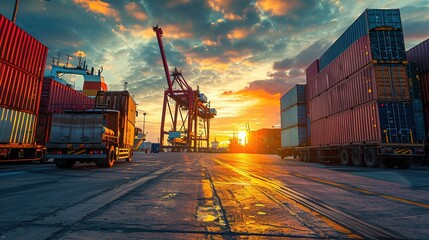 Container truck in ship port for business Logistics and transportation of Container Cargo ship and Cargo plane with working crane bridge in shipyard at sunrise, logistic import export and transport. - Powered by Adobe