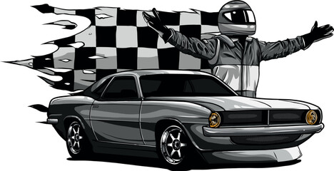 monochromatic illustration with race car and racer - obrazy, fototapety, plakaty