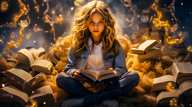 Jeune fille assise pari des livres ouverts en train de lire