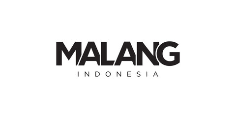 Malang in the Indonesia emblem. The design features a geometric style, vector illustration with bold typography in a modern font. The graphic slogan lettering.