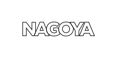 Nagoya in the Japan emblem. The design features a geometric style, vector illustration with bold typography in a modern font. The graphic slogan lettering.