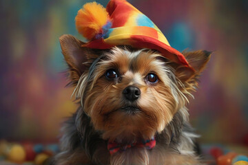 A dog in a funny clown outfit. cute dog in clown clothes, Clown Dog - obrazy, fototapety, plakaty