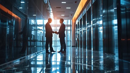 corporate executives shaking hands with visiting client in elevator hall of modern office building