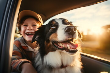child boy and his dog looking out from car window, Generative AI - Powered by Adobe