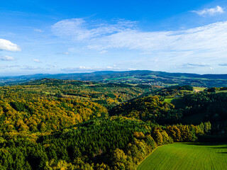 Fall colors in Austrian Burgenland. Aerial view on autumn forest. Beautiful nature aerial view.