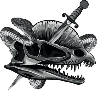monochromatic illustration of dinosaur skull with snake around
