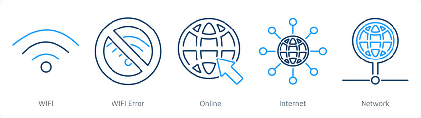 A set of 5 Internet Computer icons as wifi, wifi error, online - obrazy, fototapety, plakaty
