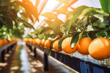 Automatic plant watering in sustainable fruit farm. Sustainable development and green renewable energy can limit climate change and global warming. - obrazy, fototapety, plakaty