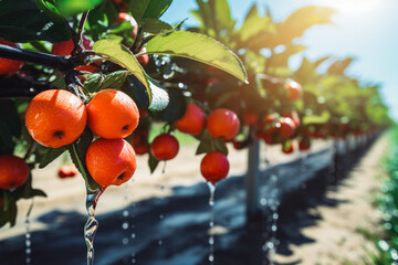 Automatic plant watering in sustainable fruit farm. Sustainable development and green renewable energy can limit climate change and global warming. - obrazy, fototapety, plakaty