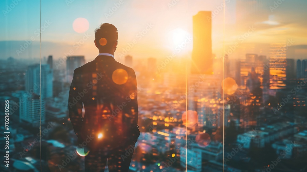 Canvas Prints Double exposure image of the businessman standing back during sunrise overlay with cityscape image.