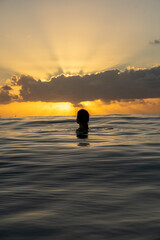Girl inside the ocean looking at the beautiful sunrise