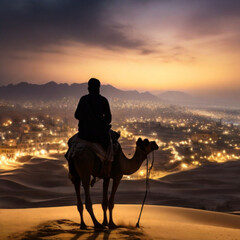 Obraz premium Silhouette of man riding a camel over the desert at night