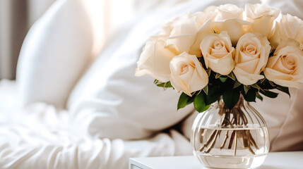 Bouquet de roses  blanches sur la table de nuit dans une chambre