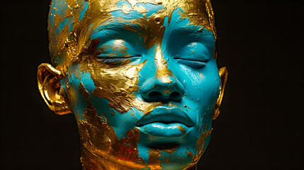 Portrait de femme en gros plan avec le visage peint en bleu, et or