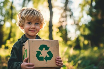 boy holding a box with a plastic recycling in the park - obrazy, fototapety, plakaty