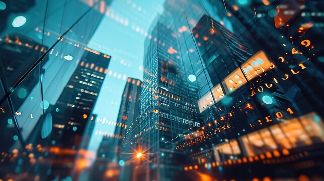 Double exposure of virtual creative financial diagram on modern business centre outside background, banking and accounting theme. - Powered by Adobe