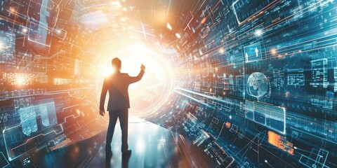 Businessman presenting futuristic business world metaverse graphic. In the form of innovation in digital business processing technology, innovation
