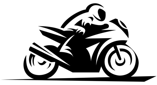 Motorcycle and biker illustration.  Black and white lineart bike icon