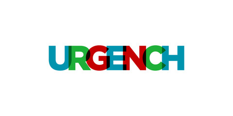 Urgench in the Uzbekistan emblem. The design features a geometric style, vector illustration with bold typography in a modern font. The graphic slogan lettering.