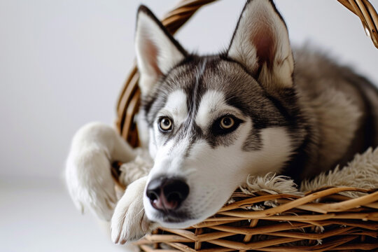 A cute husky in his basket, white background, studio, animal and pet photography