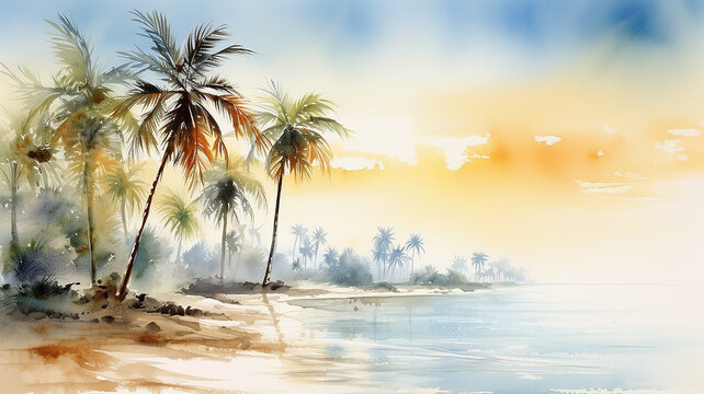 panoramic view tropical climate, simple watercolor illustration of palm trees, landscape morning on the tropical seashore