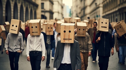 a crowd of people on the street with boxes on their heads, the concept of a public issue, unknown masked people, protest, democracy