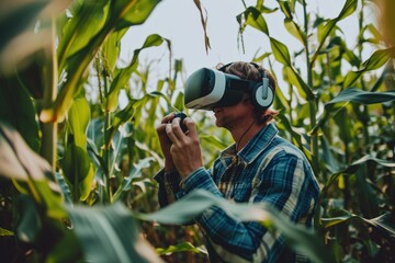 photograph of Agricultural farmer using a virtual reality headset in a corn field technology planting concept