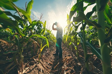 photograph of Agricultural farmer using a virtual reality headset in a corn field technology planting concept
