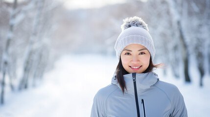 Image of an asia woman in the winter with sportswear, with winter landscape bokeh in the background, with empty copy space